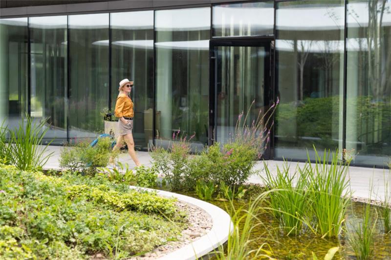 person walking through landscaped area in front of glass doors